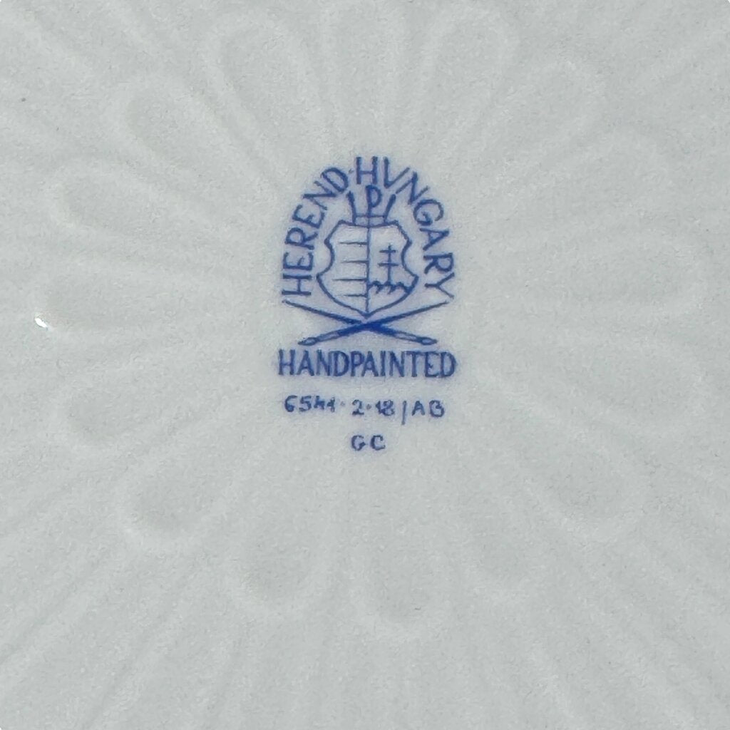 SIGNED Herend Chinese Bouquet Blue Tureen w/ Platter. Stylized Peony Motif w/ Blue Chinoiserie 24k Gold Accents w/ Dolphin Handles & Finial 12¼" H 128 ounces.