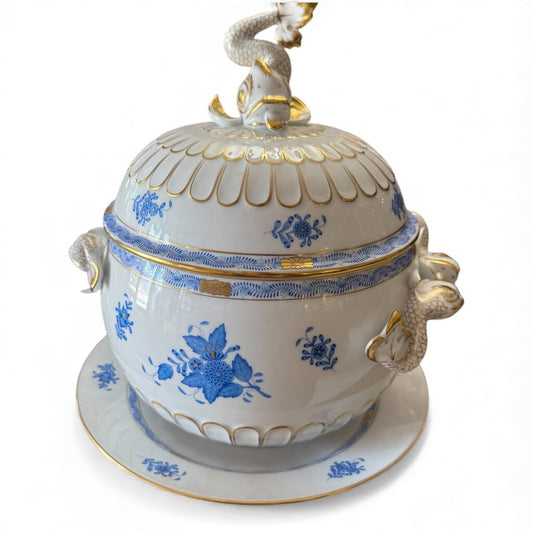 SIGNED Herend Chinese Bouquet Blue Tureen w/ Platter. Stylized Peony Motif w/ Blue Chinoiserie 24k Gold Accents w/ Dolphin Handles & Finial 12¼" H 128 ounces.