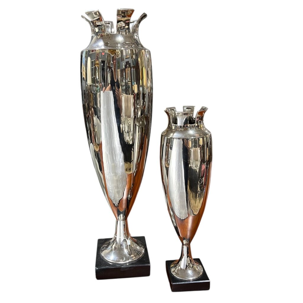 Large Global View Solid Brass Vases w/Chrome Overlay 24" & 16"Tall