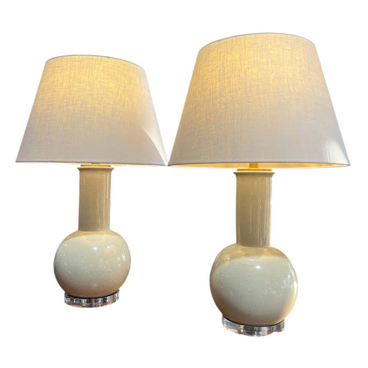 Pair of Cream Ceramic Beige w/Crackle Glaze Finish Lamps 14Wx28H
