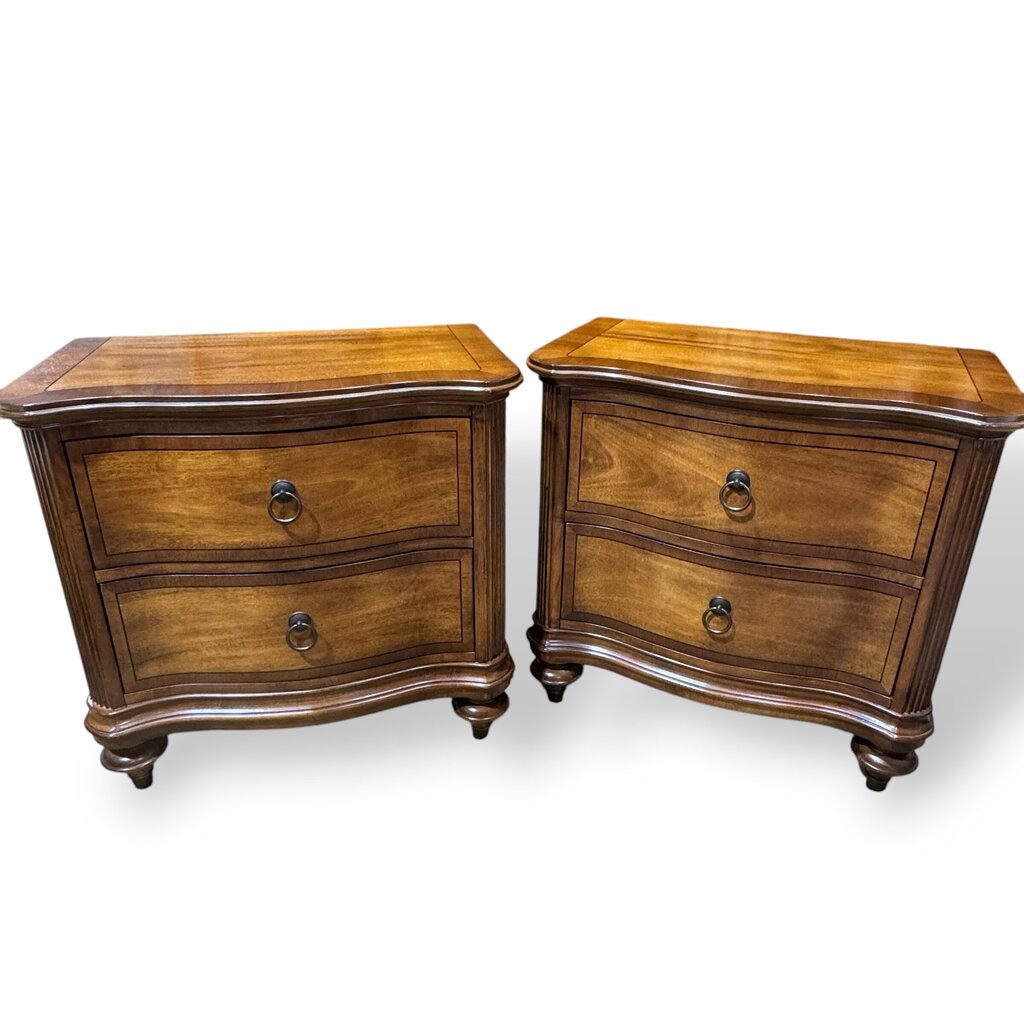 Dark Wood King Sized Inlaid Bed w/ Matching Two Drawer Nightstands