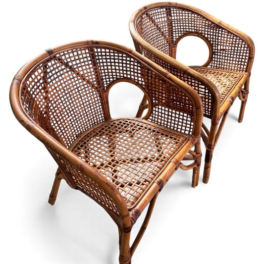 Pair of Vintage Rattan Barrel Chairs with/ Open Cane Weaving 24Lx24Wx30H