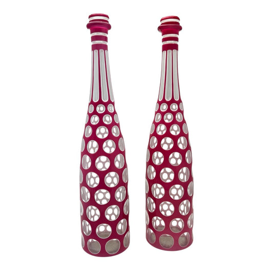 Pair of RARE Bohemian White & Pink Double Overlay Cut Crystal Bottles Circa 1870s 14Hx3W