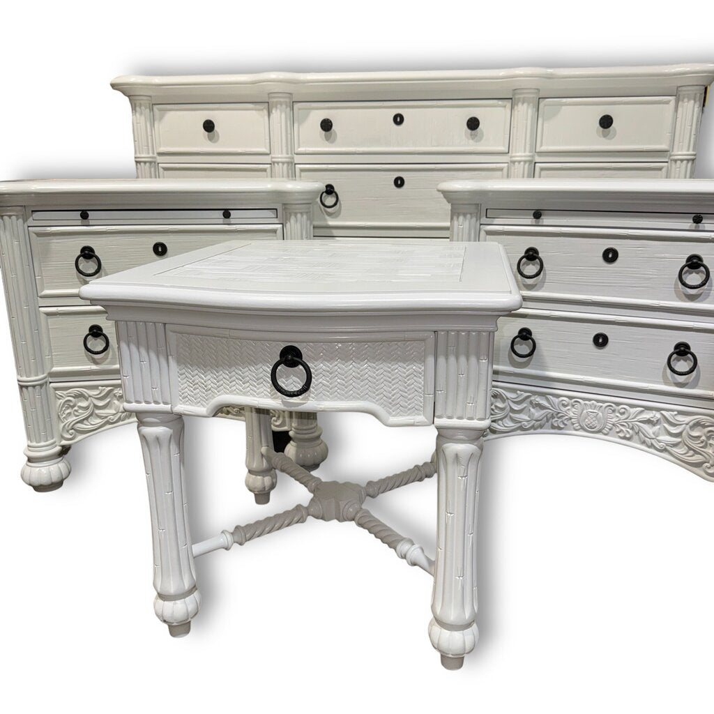 Broyhill 4pc White Lacquered Faux Bamboo Tropical Bedroom Furniture Set including Dresser, Nightstands, Accent Table