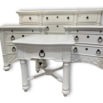 Broyhill 4pc White Lacquered Faux Bamboo Tropical Bedroom Furniture Set including Dresser, Nightstands, Accent Table