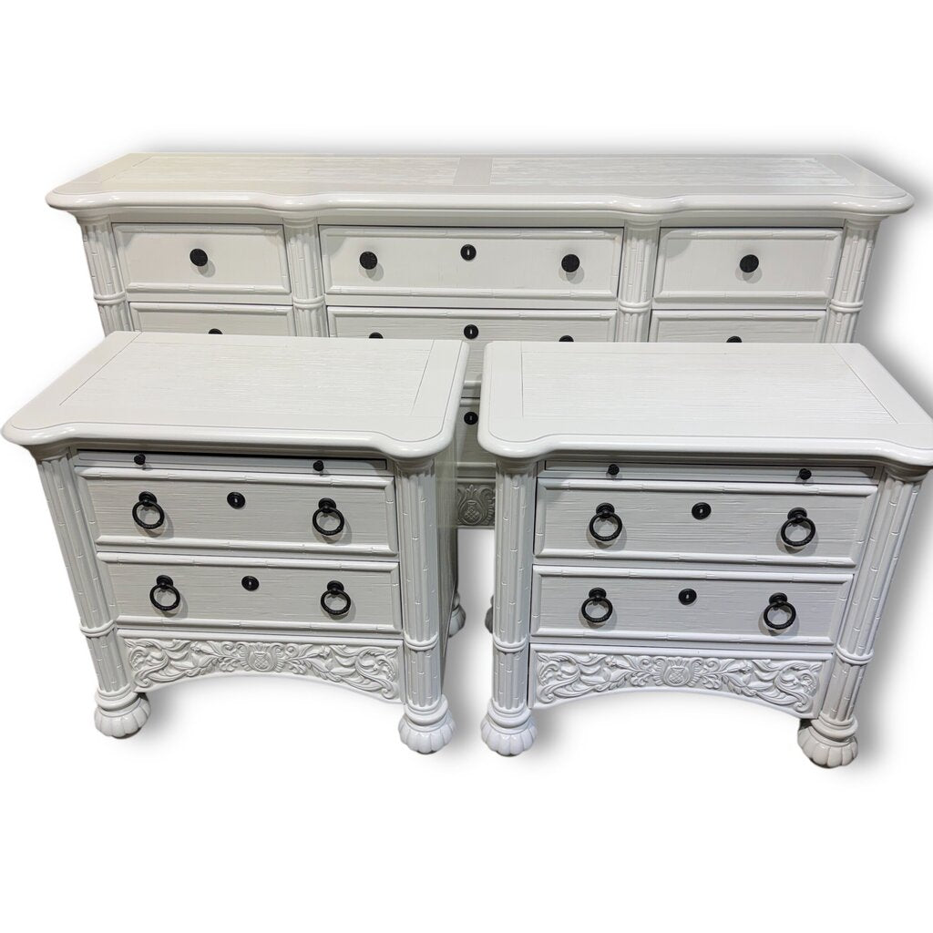 Broyhill 4pc White Lacquered Faux Bamboo Tropical Bedroom Furniture Set including Dresser, Nightstands, Accent Table