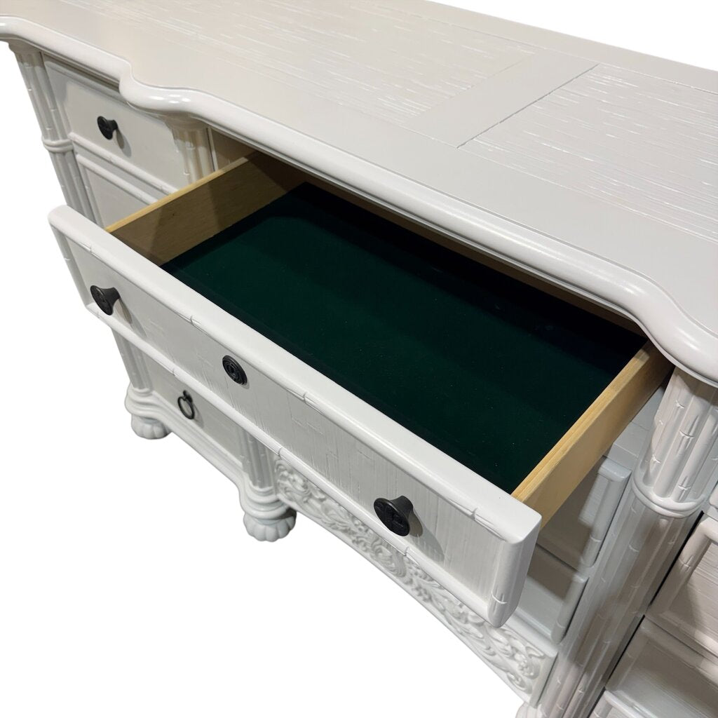 Broyhill 4pc White Lacquered Faux Bamboo Tropical Bedroom Furniture Set including Dresser, Nightstands, Accent Table