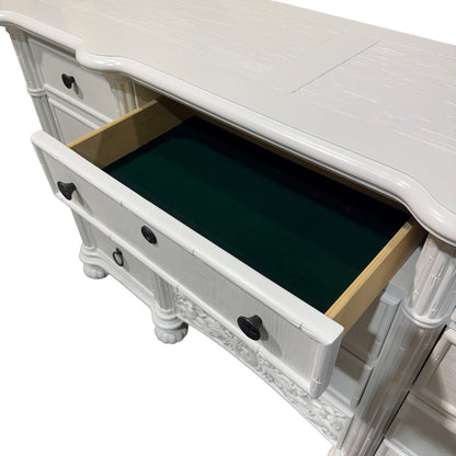 Broyhill 4pc White Lacquered Faux Bamboo Tropical Bedroom Furniture Set including Dresser, Nightstands, Accent Table