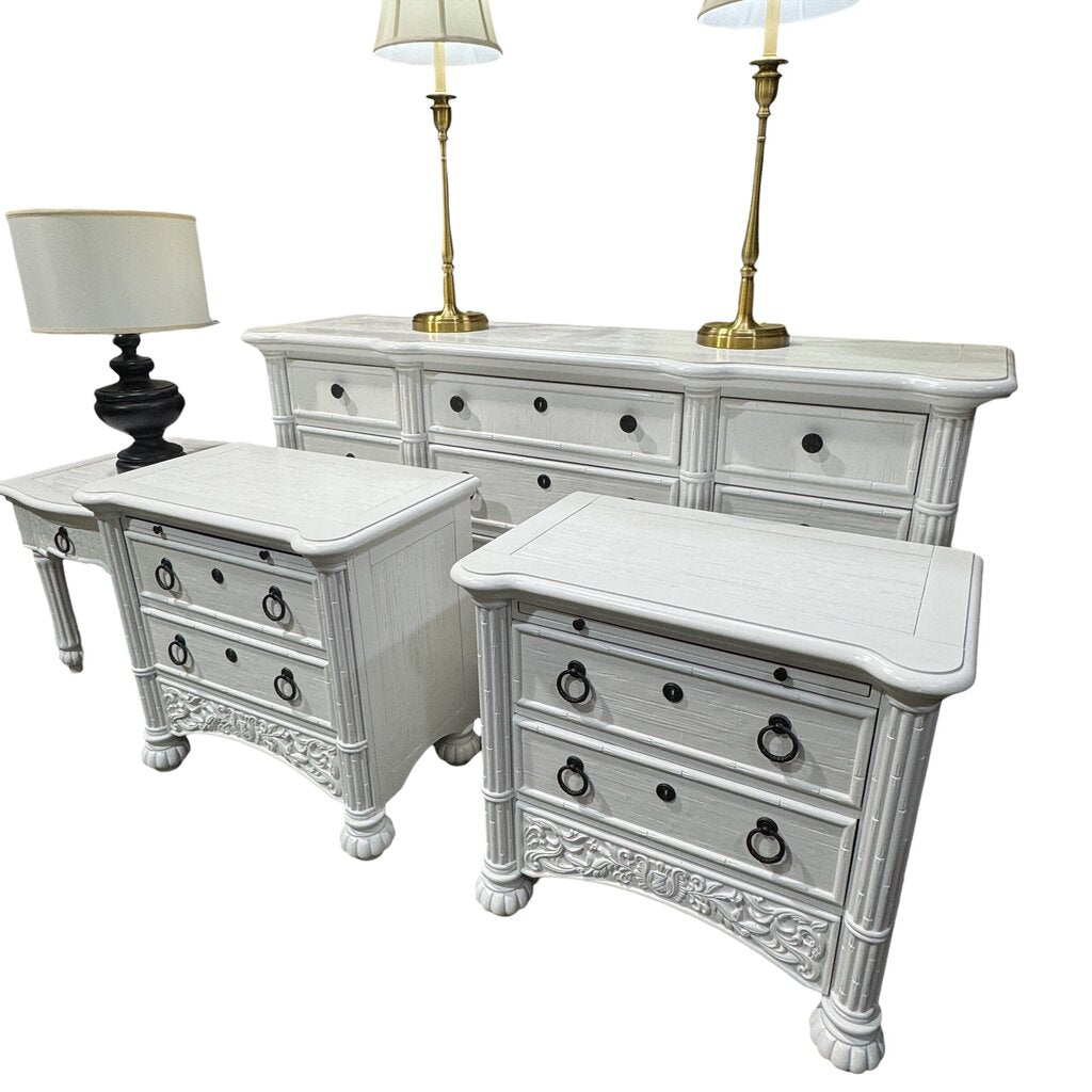 Broyhill 4pc White Lacquered Faux Bamboo Tropical Bedroom Furniture Set including Dresser, Nightstands, Accent Table