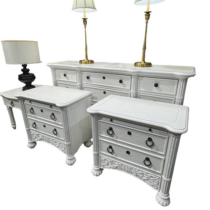Broyhill 4pc White Lacquered Faux Bamboo Tropical Bedroom Furniture Set including Dresser, Nightstands, Accent Table