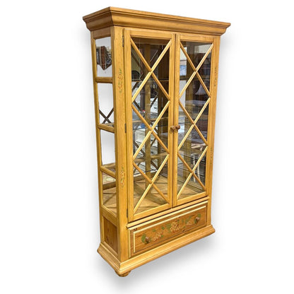 Vintage Country French Pine China Curio Cabinet w/ Glass Shelves Distressed Yellow Finish and Hand-Painted Floral Details