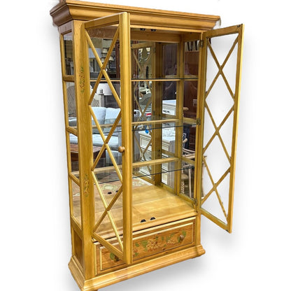 Vintage Country French Pine China Curio Cabinet w/ Glass Shelves Distressed Yellow Finish and Hand-Painted Floral Details