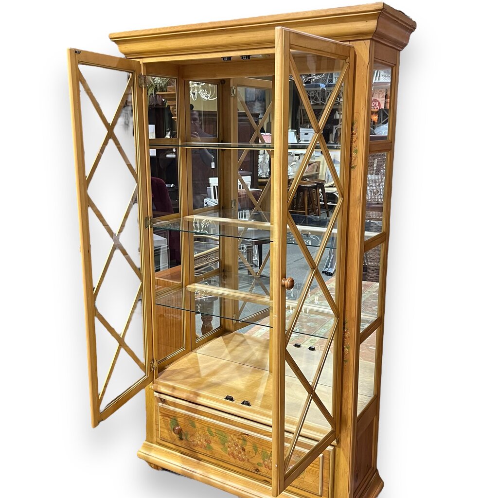 Vintage Country French Pine China Curio Cabinet w/ Glass Shelves Distressed Yellow Finish and Hand-Painted Floral Details