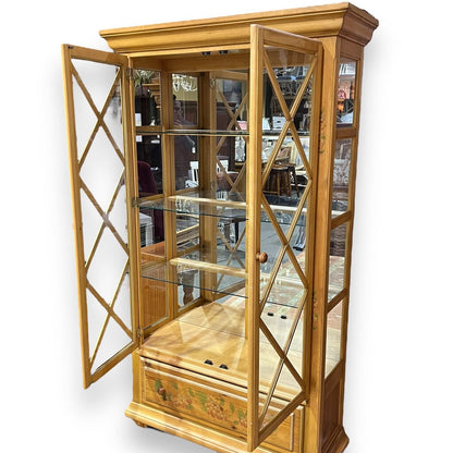Vintage Country French Pine China Curio Cabinet w/ Glass Shelves Distressed Yellow Finish and Hand-Painted Floral Details