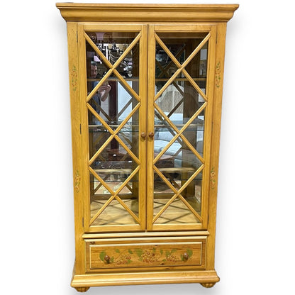 Vintage Country French Pine China Curio Cabinet w/ Glass Shelves Distressed Yellow Finish and Hand-Painted Floral Details