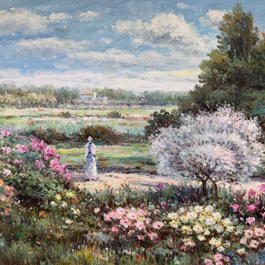Impressionistic Oil on Canvas of a Young Woman Walking a Countryside Trail by Artist Stenka Razin 44Lx32H
