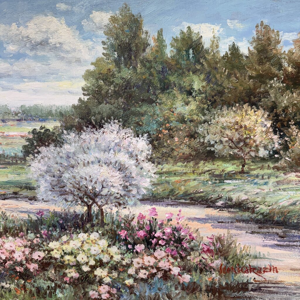 Impressionistic Oil on Canvas of a Young Woman Walking a Countryside Trail by Artist Stenka Razin 44Lx32H