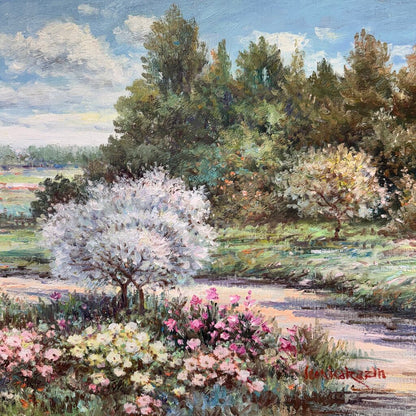 Impressionistic Oil on Canvas of a Young Woman Walking a Countryside Trail by Artist Stenka Razin 44Lx32H