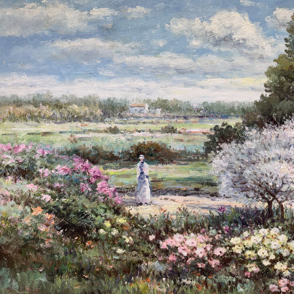 Impressionistic Oil on Canvas of a Young Woman Walking a Countryside Trail by Artist Stenka Razin 44Lx32H