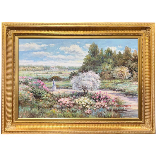 Impressionistic Oil on Canvas of a Young Woman Walking a Countryside Trail by Artist Stenka Razin 44Lx32H