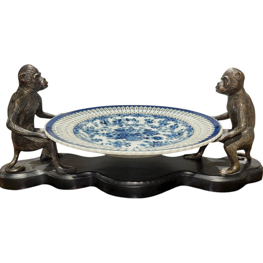 Castilian Bronze Monkey Platter Holder w/ Removable Hand-Painted Reticulated Blue & White Porcelain Charger Made in India