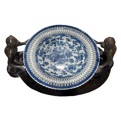 Castilian Bronze Monkey Platter Holder w/ Removable Hand-Painted Reticulated Blue & White Porcelain Charger Made in India