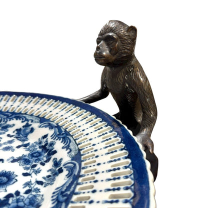 Castilian Bronze Monkey Platter Holder w/ Removable Hand-Painted Reticulated Blue & White Porcelain Charger Made in India