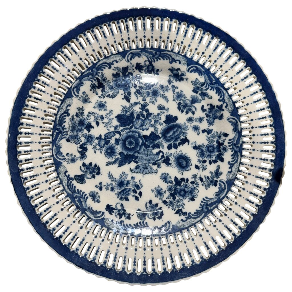 Castilian Bronze Monkey Platter Holder w/ Removable Hand-Painted Reticulated Blue & White Porcelain Charger Made in India