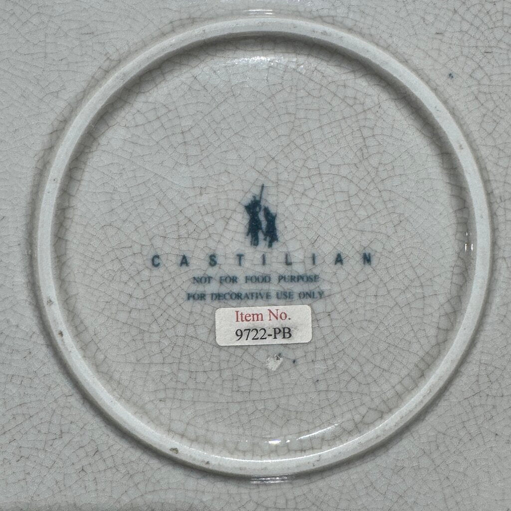 Castilian Bronze Monkey Platter Holder w/ Removable Hand-Painted Reticulated Blue & White Porcelain Charger Made in India