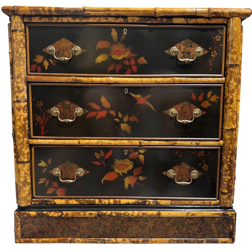 Antique English Chinoiserie Lacquered Bamboo Chest of Drawers w/ Brass Locks & Pulls Decorated w/ Birds & Foliage Motifs
