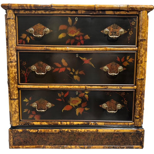 Antique English Chinoiserie Lacquered Bamboo Chest of Drawers w/ Brass Locks & Pulls Decorated w/ Birds & Foliage Motifs