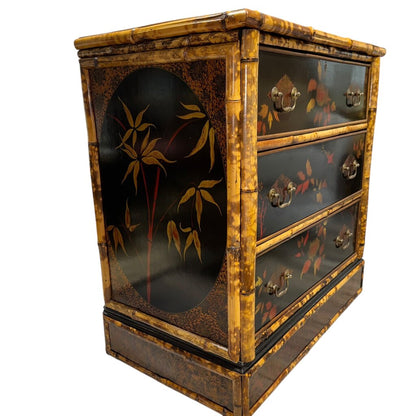 Antique English Chinoiserie Lacquered Bamboo Chest of Drawers w/ Brass Locks & Pulls Decorated w/ Birds & Foliage Motifs 33Lx19Wx33H