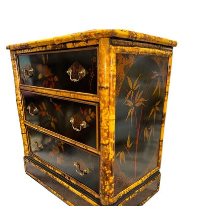 Antique English Chinoiserie Lacquered Bamboo Chest of Drawers w/ Brass Locks & Pulls Decorated w/ Birds & Foliage Motifs