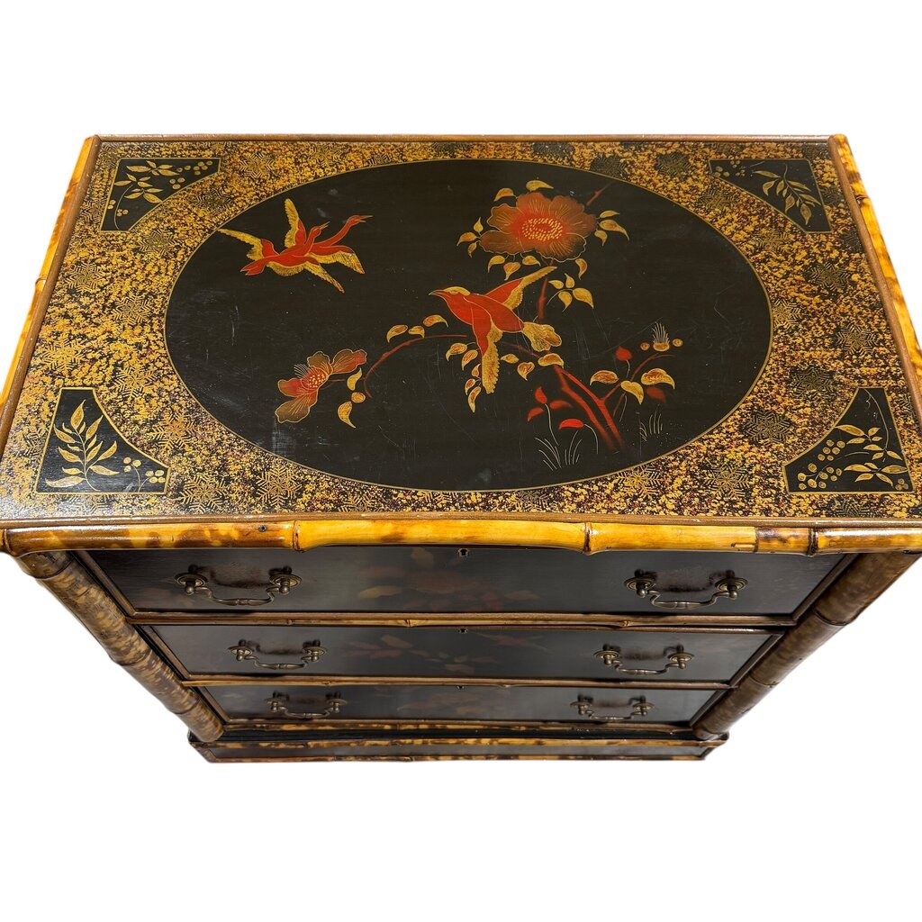 Antique English Chinoiserie Lacquered Bamboo Chest of Drawers w/ Brass Locks & Pulls Decorated w/ Birds & Foliage Motifs
