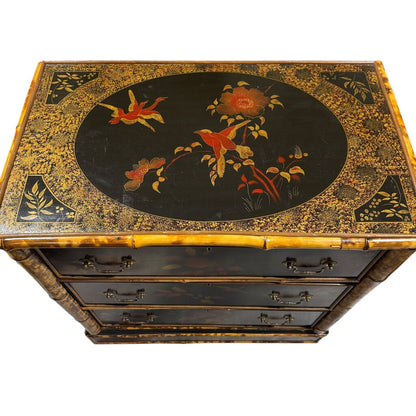 Antique English Chinoiserie Lacquered Bamboo Chest of Drawers w/ Brass Locks & Pulls Decorated w/ Birds & Foliage Motifs