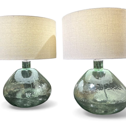 Pair of Round Green Hammered Glass Table Lamps w/ White Linen Shades 17Wx23H