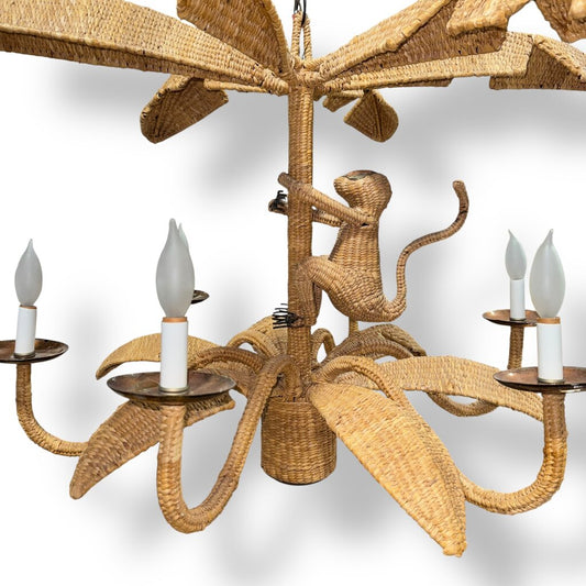 Vintage Mario Lopez Torres 6-Light Wicker Rattan Monkey Climbing Banana Tree Chandelier 36Lx36Wx25H