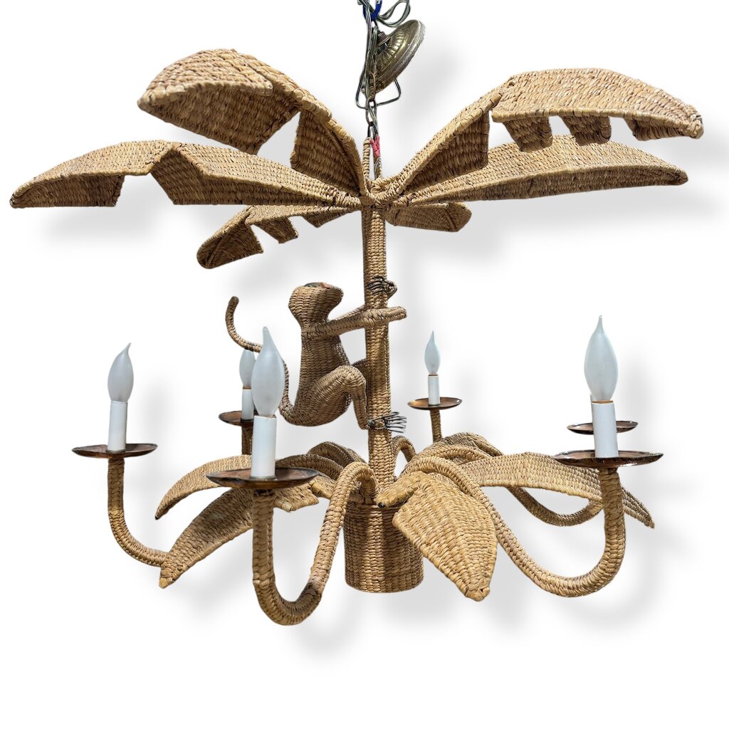 Vintage Mario Lopez Torres 6-Light Wicker Rattan Monkey Climbing Banana Tree Chandelier 36Lx36Wx25H