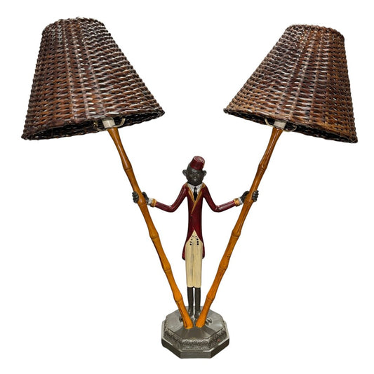 Vintage Two Light Bellhop Monkey Table Lamp w/ Wicker Shades 24" tall (as is)