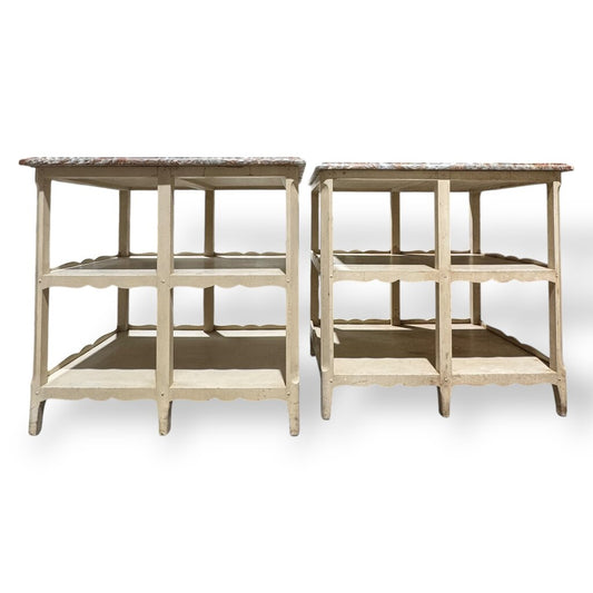 Pair of Antique French Painted Wood Louis XV Style Two-Tier Side Tables w/ Scalloped Marble Tops 30Lx24Wx29H