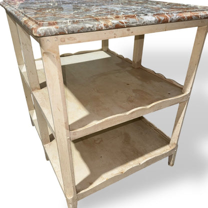 Pair of Louis XV Style Antique Marble Top Side Tables w/ Red & Gray Veined Stone Tops Over Original Hand Painted Cream Bases. Carved Scalloped Aprons & Triple Tier Open Shelving Reflect Classic French Provincial Design 30Lx24Wx29H