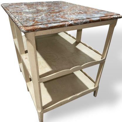 Pair of Louis XV Style Antique Marble Top Side Tables w/ Red & Gray Veined Stone Tops Over Original Hand Painted Cream Bases. Carved Scalloped Aprons & Triple Tier Open Shelving Reflect Classic French Provincial Design 30Lx24Wx29H