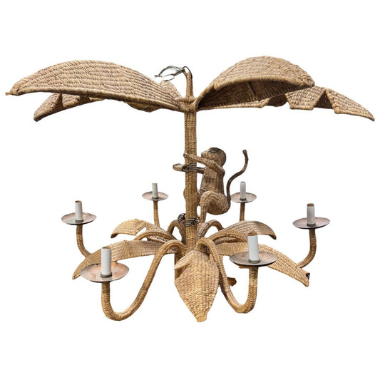 Vintage Mario Lopez Torres 6-Light Wicker Rattan Monkey Climbing Banana Tree Chandelier 36Lx36Wx25H