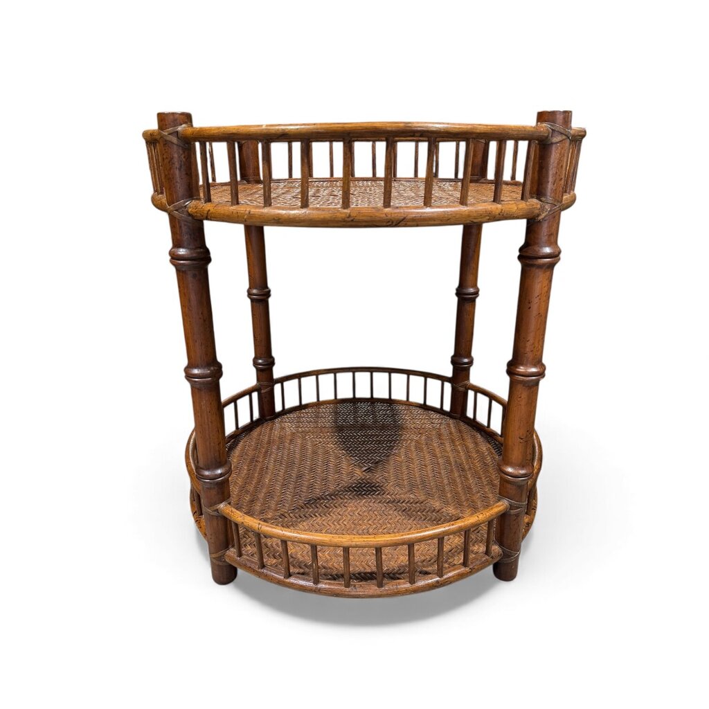 Pair of Vintage Round Two-Teir Rattan Side Tables w/ Wicker Tops 27Lx27Wx27H