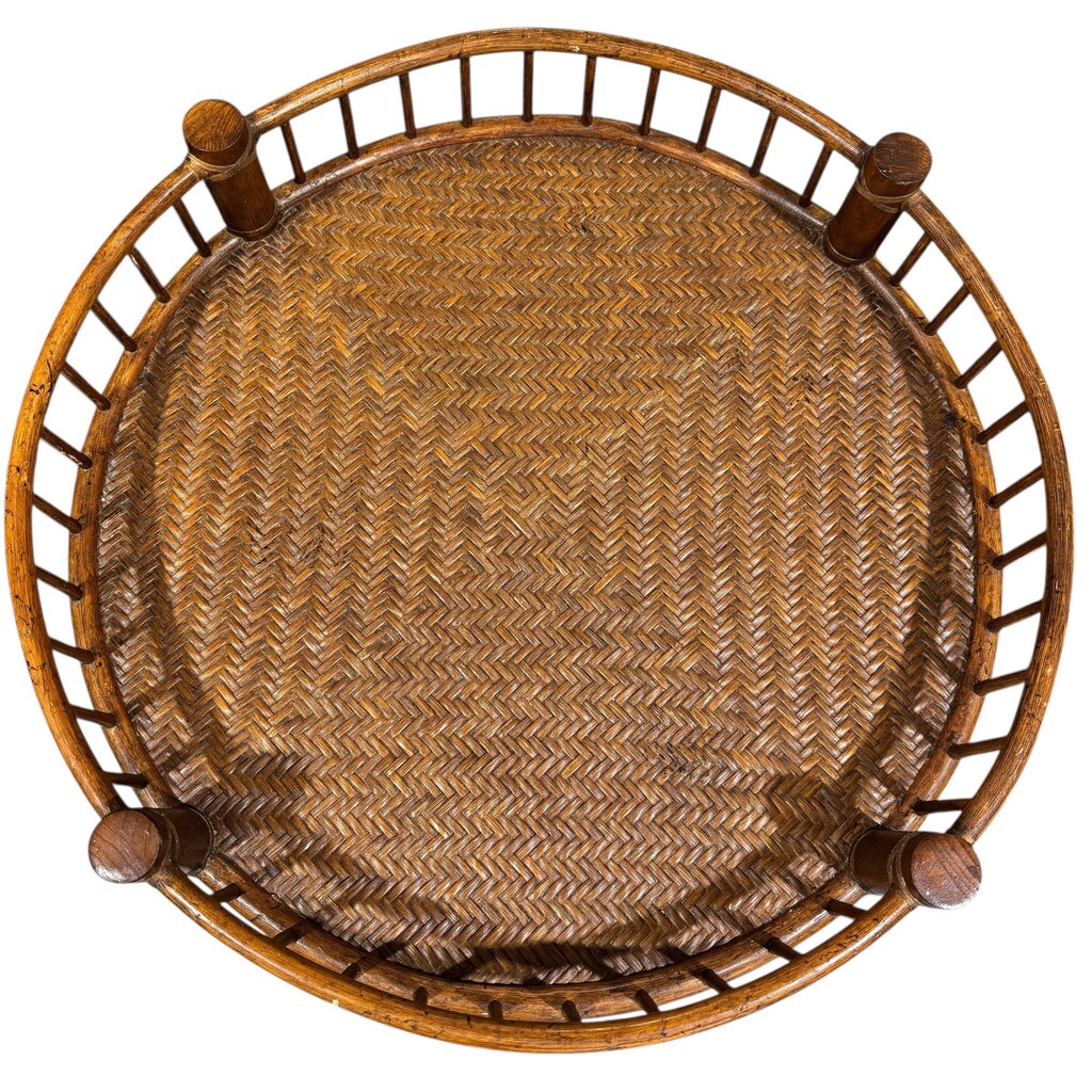 Pair of Vintage Round Two-Teir Rattan Side Tables w/ Wicker Tops 27Lx27Wx27H