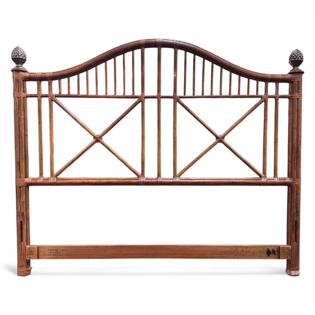 Vintage Drexel Heritage Captiva Natural Rattan King Size Headboard Bound in Leather w/ Brass Pineapple Finials 67Lx4Wx43H
