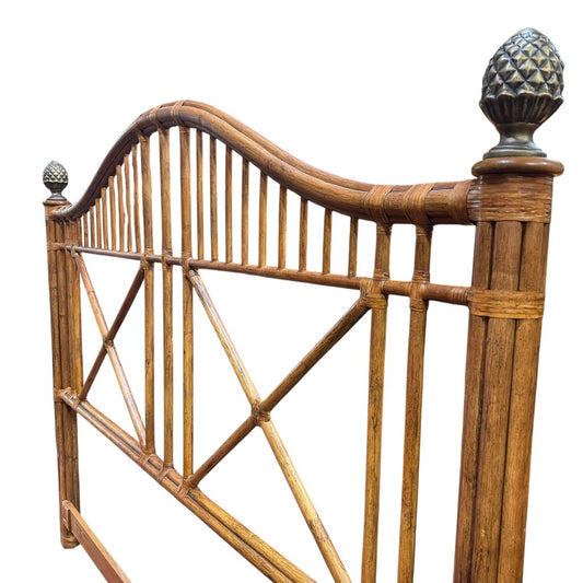 Vintage Drexel Heritage Captiva Natural Rattan King Size Headboard Bound in Leather w/ Brass Pineapple Finials 67Lx4Wx43H