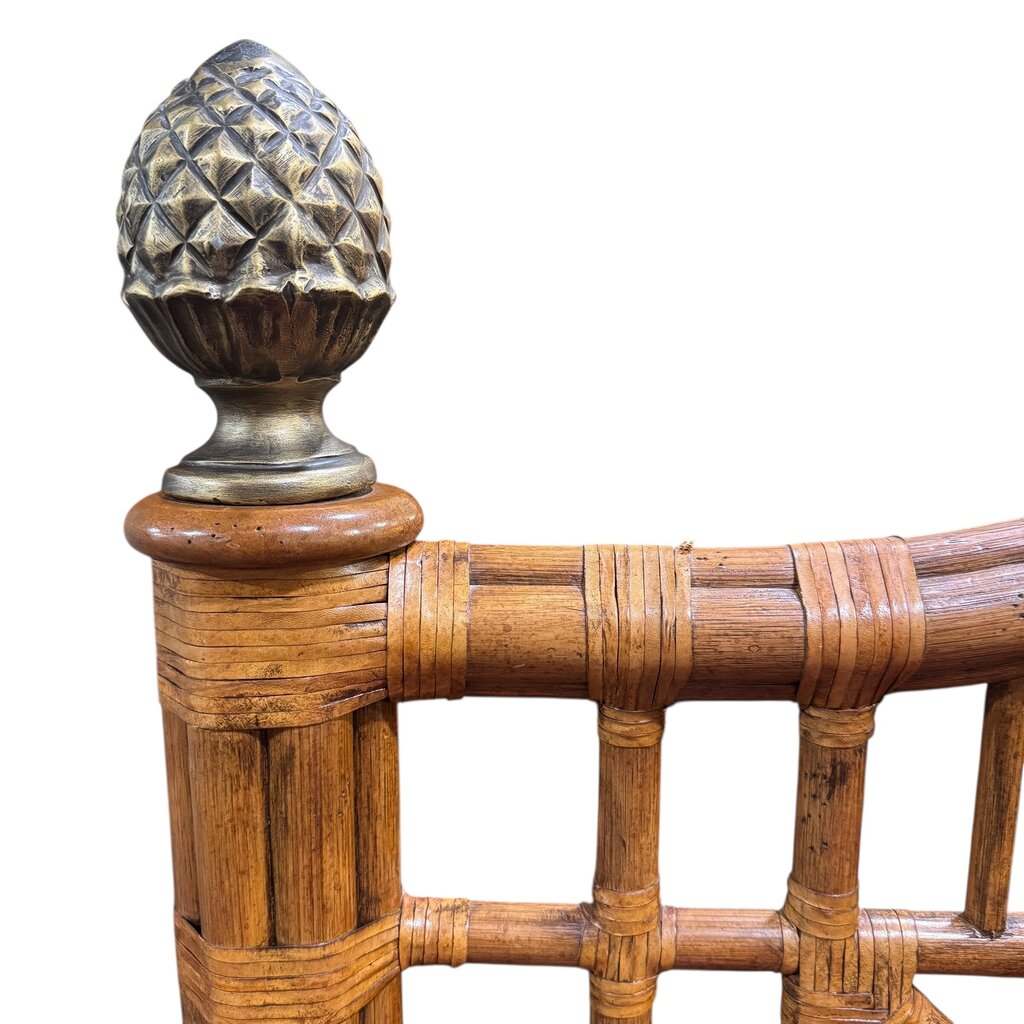 Vintage Drexel Heritage Captiva Natural Rattan King Size Headboard Bound in Leather w/ Brass Pineapple Finials 67Lx4Wx43H