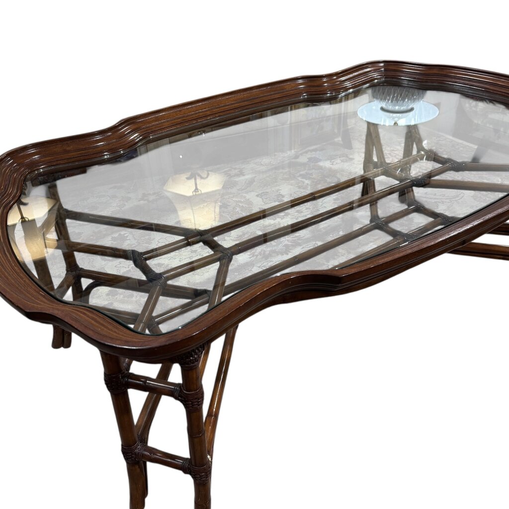 Rattan & Wood Framed Glass Coffee Table 60Lx36Wx20H