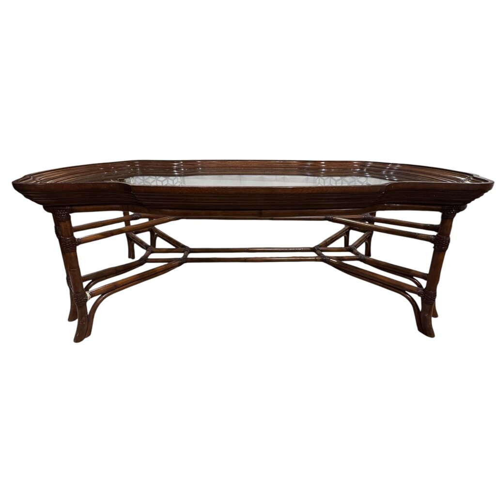 Rattan & Wood Framed Glass Coffee Table 60Lx36Wx20H